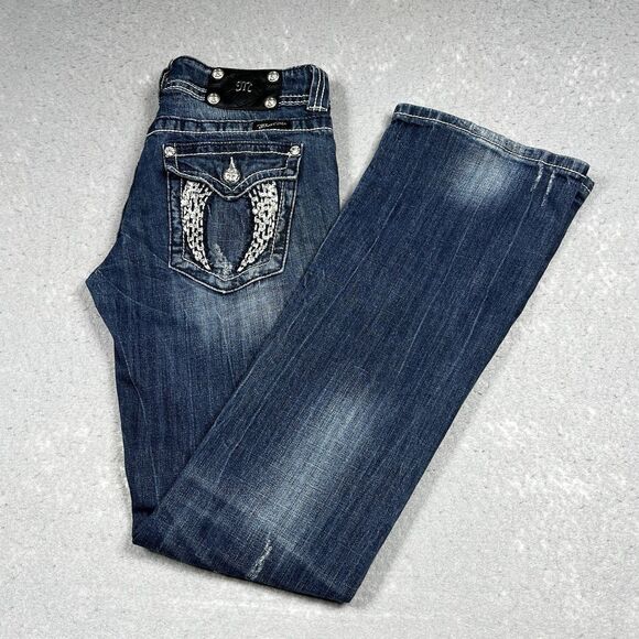 Miss Me Jeans Womens Size 29 Bootcut Dark Wash Embellished Angel Wing Pockets - Picture 1 of 14